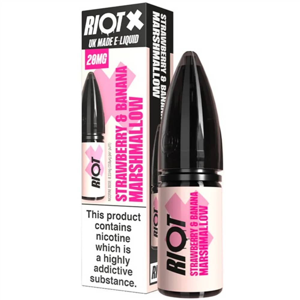 Riot X Nic Salts e liquids 10ml Box of 10 Strawberry Banana Marshmellow 10mg