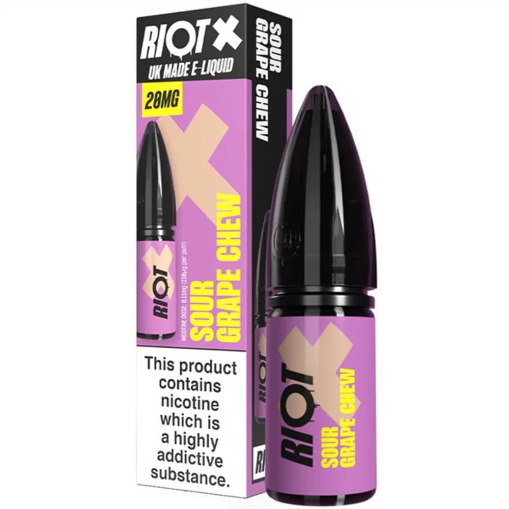 Riot X Nic Salts e liquids 10ml Box of 10 Sour Grape Chew 20mg