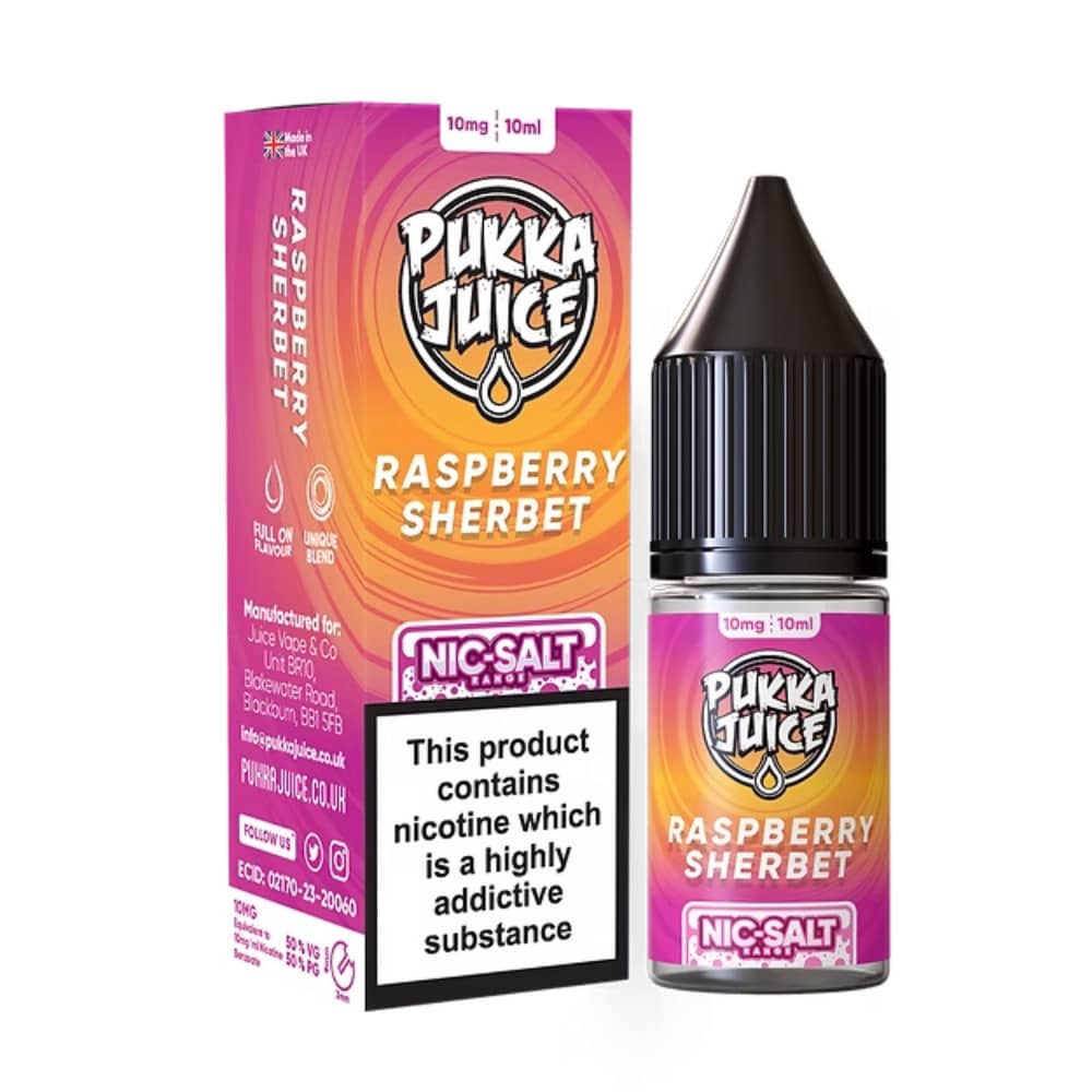 Pukka Juice Nic Salts e liquids 10ml Box of 10 Raspberry Sherbet 10mg