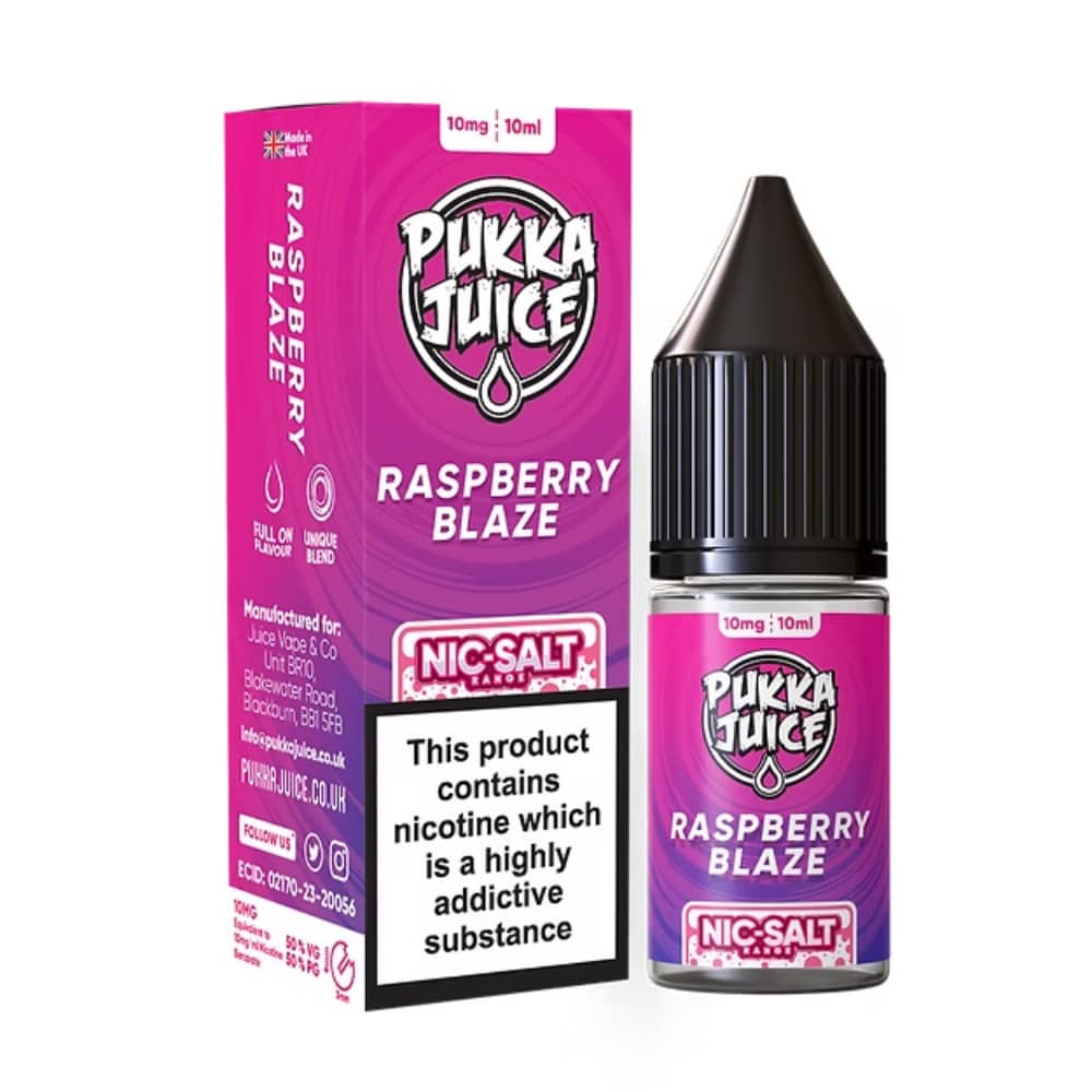 Pukka Juice Nic Salts e liquids 10ml Box of 10 Raspberry Blaze 10mg