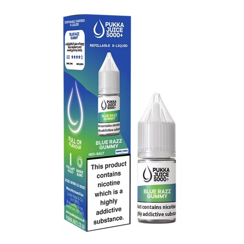 Pukka Juice 5000+ Nic Salts e liquids 10ml Box of 10 Blue Razz Gummy 20mg