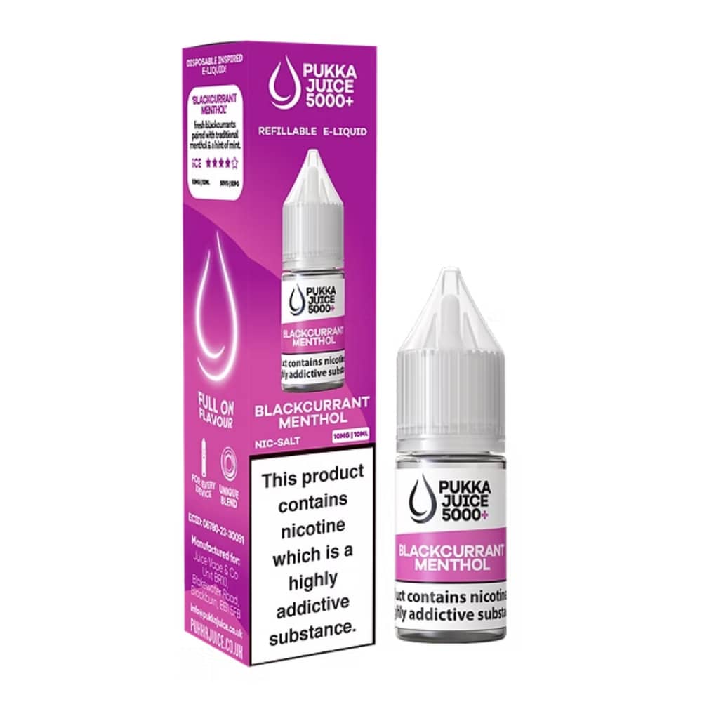 Pukka Juice 5000+ Nic Salts e liquids 10ml Box of 10 Blackcurrant Menthol 20mg