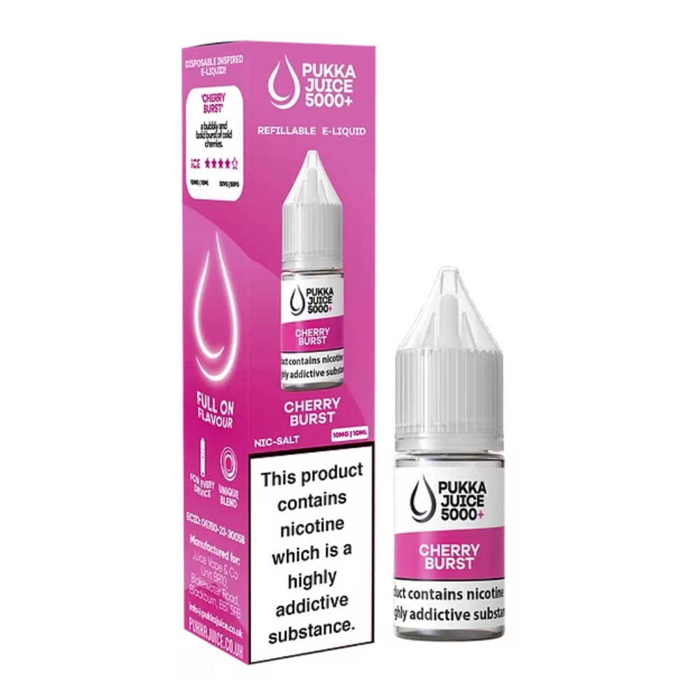 Pukka Juice 5000+ Nic Salts e liquids 10ml Box of 10 Cherry Burst 20mg
