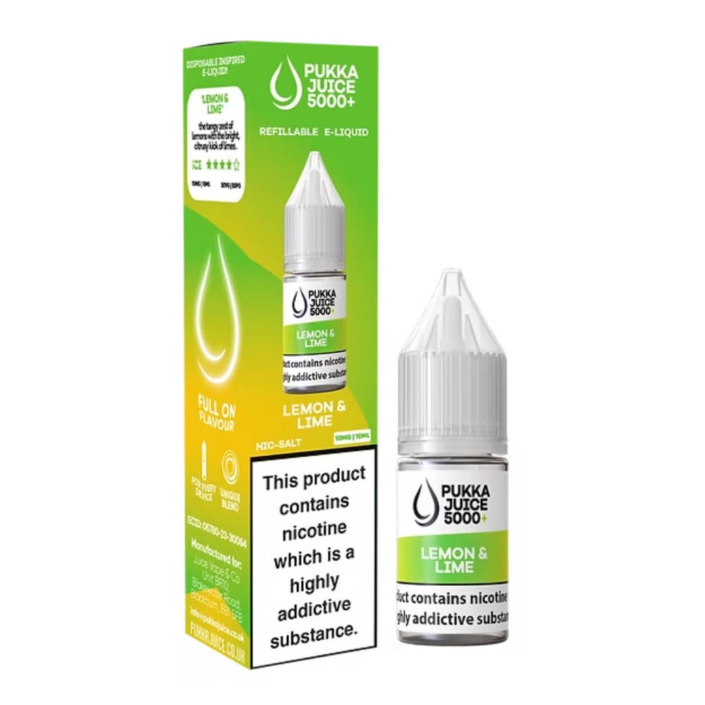 Pukka Juice 5000+ Nic Salts e liquids 10ml Box of 10 Lemon Lime 10mg